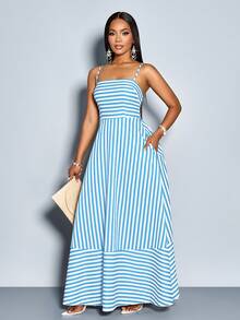 SOLERSUN Women's Flowing Striped Maxi Dress With Shoulder Straps, Pockets And Chest Gathering, Suitable For Vacation, Beach, Commuting And Casual Daily Wear (Random Floral) - Baby Blue - View 4