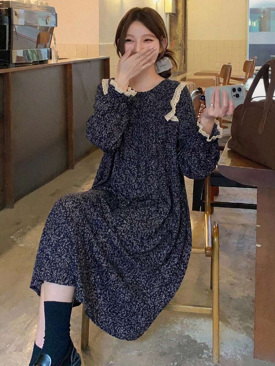 DAZY Sweet Floral Ruffle Trim Patchwork Nightgown Pajama, Moo Moo, For Fall, Winter - Navy Blue - View 1