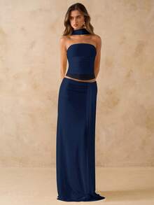 SHEIN BAE 两件套：纯粉色褶皱抹胸上衣和低腰褶皱飘逸长裙，沙滩度假装，夏季波西米亚风露背连衣裙，女士演唱会服装，伴娘两件套 - 藏蓝色 - 查看 6