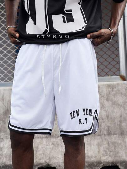 EVRINFINITE 男式字母图案条纹抽绳腰短裤