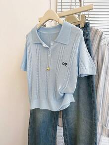 SHEIN Franclia Áo len nữ màu xanh dương, dáng rộng, cổ polo, tay ngắn, cài nửa khuy, kiểu dệt cáp, thích hợp cho mùa xuân/hè. - Màu xanh lam - Xem 6
