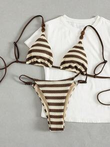 Swim Mod 女士春夏沙滩音乐节针织提花条纹图案性感吊带串珠比基尼套装 - 彩色 - 查看 6