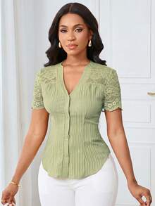Lunelith SHEIN Lunessa Commuting Minimalist Solid Color Lace Splice Cutout Collar Blouse For Women - Green - View 5