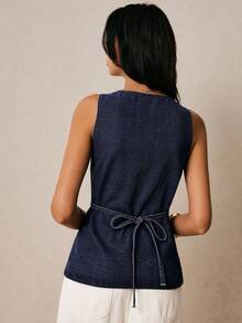 Poéselle 女士休闲前扣无袖牛仔衬衫，夏季 - 深色水洗藍 - 查看 2