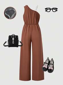 Mono holgado informal con decoración floral 3D para niñas preadolescentes, adecuado para uso diario en primavera, verano y otoño, para ir y venir del colegio - Café integral - Ver 2