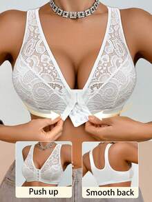 1pc Lace Patchwork Front Closure Wireless Bra For Women - White - View 1