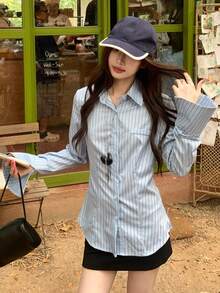 K-Vae Blue Long Sleeve Casual Chic Blouse - Blue - View 6