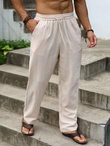 VENTUSAIL Pantalones casuales de uso diario con bolsillos y cordón en la cintura para hombres de talla grande - Beis - Ver 3