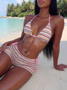 Vaytide 女士三件套串珠比基尼套装：纹理多色条纹面料，浅粉色，时尚休闲度假甜美风格挂脖比基尼上衣和泳裤 - 彩色 - 查看 2