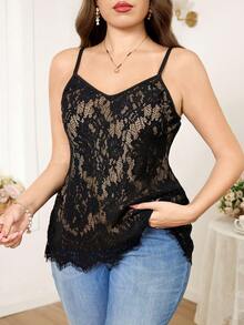 Reflora 夏季大码优雅蕾丝吊带背心 - 黑色 - 查看 4