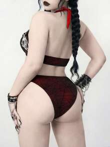 ROMWE Goth 大码哥特风泳衣，红黑蜘蛛网图案挂脖系带比基尼，显瘦又显身材的亚文化性感泳装 - 彩色 - 查看 2