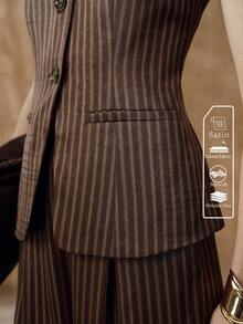 Aveloria Modichic 女士西装背心，缎面纹理面料，条纹缎面，H字修身剪裁，竖条纹设计，单排多扣，开衩下摆，带口袋装饰，现代通勤棕色连衣裙，优雅女士套装，女士工作服，女性办公室着装，商务职业女性棕色连衣裙，女士办公室工作服，女士工作服 - 駝色 - 查看 8