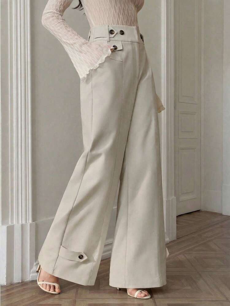 Anewsta Women's Spring/Summer Khaki Vintage Cargo Style High Waist Wide Leg Pants, Contrast Button Decor, Minimalist Yet Chic, Suitable For Business Casual And Daily Wear