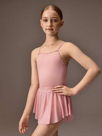 少女粉色极简主义高弹力无袖紧身衣，配有蝴蝶结和网纱镂空设计，适合学校、专业训练、芭蕾舞、体操、舞蹈工作室练习。