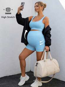 SHEIN Maternity Solid Color Sports Bra And Shorts Set - Blue and White - View 11