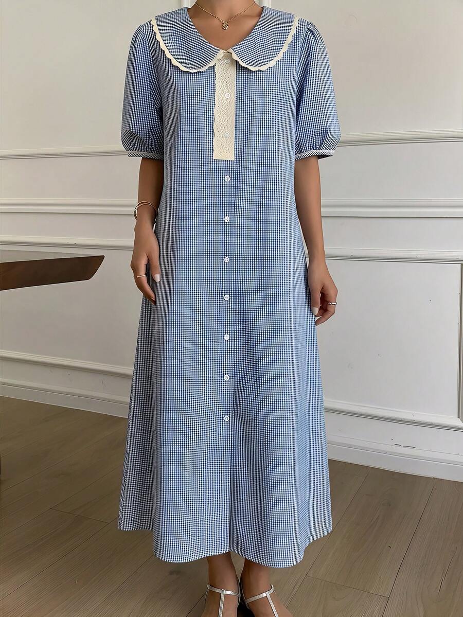 Sweet Plaid Contrast Color Ruffle Trim Peter Pan Collar Puff Sleeve Women's Nightgown Pajama, Moo Moo - Blue - View 1