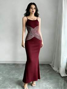 Modelyn Vestido largo ajustado de verano con tirantes finos, estampado texturizado y de rayas para mujer - Multicolor - Ver 3