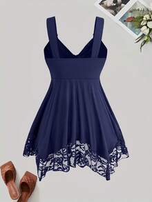 Sweetra Plus Size Women's Casual Sexy Contrast Lace Camisole Top With Heart Buckle, Spring/Summer - Navy Blue - View 2