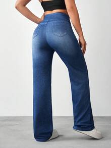SHEIN Essnce Damen Lässig Vielseitig Alltagskleidung Hoch-Stretch Denim Hose Reise Marineblau Sommer, Große Frauen - Dunkle Waschung - Übersicht 2