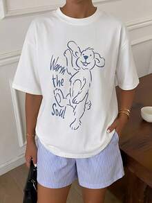 DAZY Cute Puppy Print Loose T-Shirt Graphic Tee & Striped Shorts Pajama Set For Women - White - View 2