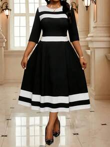 SHEIN Lady 大码女士条纹圆领七分袖优雅中长连衣裙 - 黑與白 - 查看 5