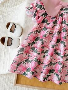 SHEIN Đầm mềm mại và dễ thương cho bé gái, đầm in hoa dáng rộng với nơ và tay phồng. - Đỏ - Xem 4