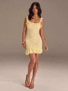 Athîral Women's Casual Vacation Knit Lace Yellow Spaghetti Strap Mini Dress,Summer Dresses For Women - Light Yellow - View 3