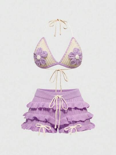 ROMWE Fairycore Y2K风格钩针编织女士沙滩度假套装