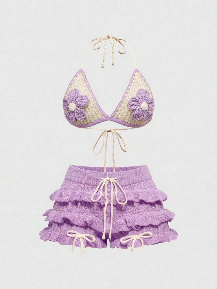 ROMWE Fairycore Y2K Style Crochet Women Beach Resort Set - Purple - View 1