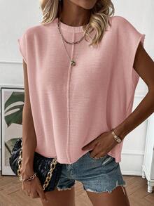 EMERY ROSE Women's Solid Color Minimalist Daily Wear Round Neck Short Sleeve Sweater Vest - Pink - View 4