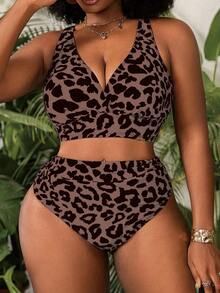 Slaydiva Plus Size Women's 2pcs Leopard Print V-Neck High Waist Triangle Bikini Swimwear - Multicolor - View 5