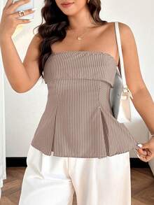 Easura Plus Size Women's Elegant Strapless Ruffle Hem Top, Navy Striped Fabric, Suitable For Commuting, Autumn/Winter - Khaki - View 5