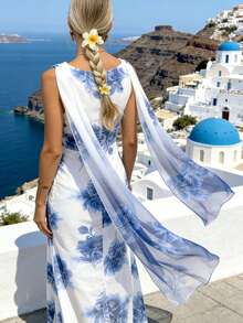 Pariaura Vestido largo elegante con cuello drapeado y estampado floral, adecuado para el verano - Azul - Ver 2