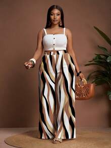Veslaya Plus Size Women Elastic Waist Color Block Casual Loose Fit Wide Leg Pants, Versatile For Daily Wear Women Vacation Outfit Sets Wide Leg Pants Women High Waist Classy Coords Outfit For Women Palazzo Pants Women - Multicolor - View 7