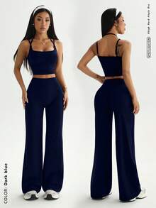 SHEIN Sports 女士纯色吊带露脐上衣和高腰紧身裤休闲日常瑜伽运动套装 - 藏蓝色 - 查看 2