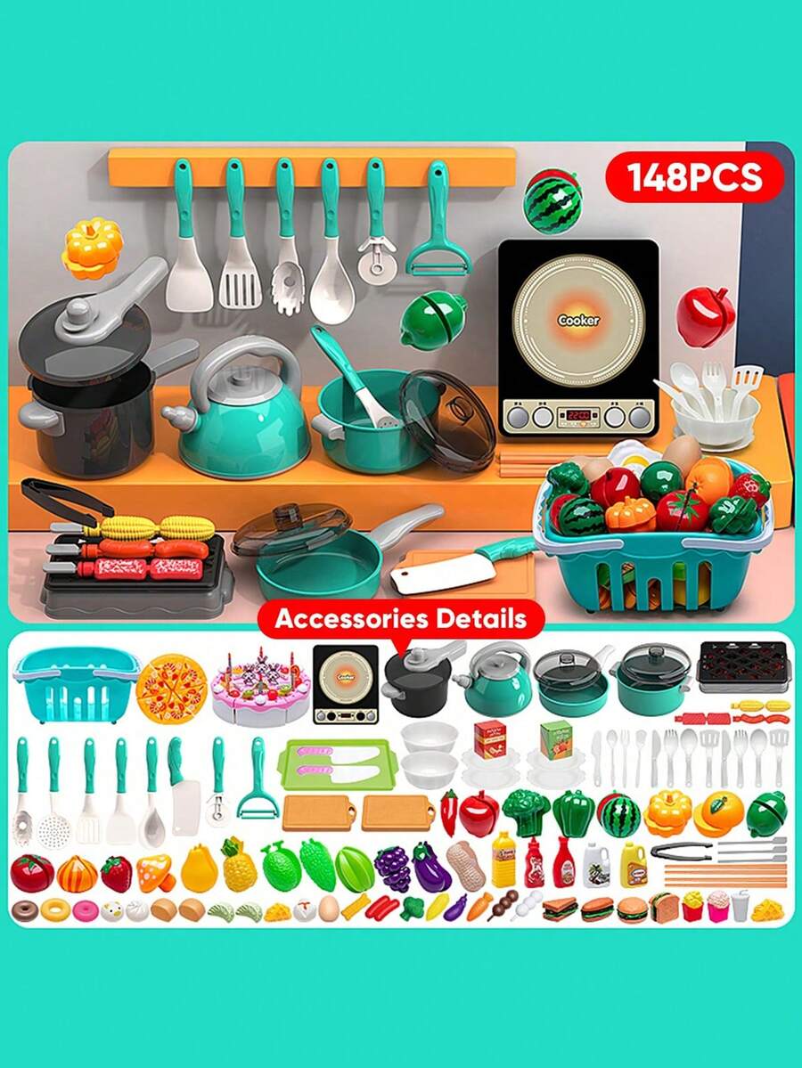 仿真厨房玩具套装，配有烹饪工具，非常适合男孩女孩角色扮演游戏 - 綠色 - 查看 1