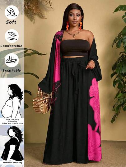 SHEIN CURVE+ Curve Size US22Music Festival, Seaside Vacation, Bohemia Women Floral Pattern Lantern Sleeve Robe And Pants Loose 2 Pieces Set 2pc Skirt Sets For Women 2 Piece Dresses For Women