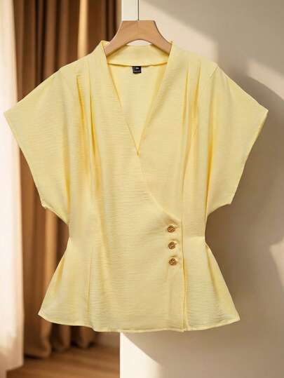 Franclia Bluză pentru femei de mărime mare, primăvară/vară, franceză, romantică, siciliană, elegantă, casual, naveta, vacanță, ceai de la după-amiaza, Ziua Îndrăgostiților, nuntă, petrecere, galben deschis, decolteu în V, deschis în față, nasturi metalici, plisată, umeri lați, umeri căzuți, ajustată, linie A, mânecă scurtă