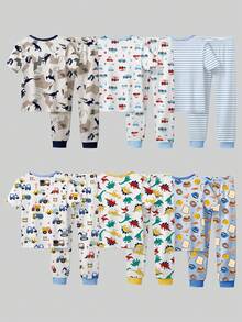 SHEIN [Bộ 6 món, giao ngẫu nhiên 2 món] Bộ đồ ngủ bé trai, hàng mới về mùa xuân/hè, họa tiết thời trang bán chạy: Khủng long, Cá mập, Ô tô, Phi hành gia, Phương tiện giao thông, chất liệu vải dệt kim co giãn cao, tay ngắn và quần dài, gồm 2 áo ngủ + 2 quần ngủ (giao ngẫu nhiên) - Nhiều màu - Xem 2