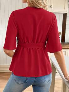 SHEIN Áo bầu cổ chữ V viền bèo có thắt lưng, áo kiểu nữ thường ngày, áo kiểu nữ, quần áo bà bầu mới, trang phục thường ngày cho nữ. - Màu Đỏ Sâu - Xem 2