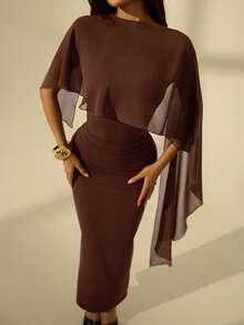 SHEIN PETITE 女士优雅纯色修身连衣裙，棕色披肩式连衣裙，适合鸡尾酒会、浪漫约会、秋冬季叠穿、派对、正式聚会，也是一款女士派对礼服、生日礼服和婚礼宾客礼服。优雅的蝙蝠袖巧克力棕色连衣裙，棕色婚礼宾客礼服，情人节，女士情人节穿搭 - 咖啡棕 - 查看 8
