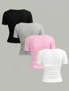 SHEIN Girlism 4-Pack Teen Girls' Casual Solid Color Square Neck Short Sleeve T-Shirts, Black And White, Summer, Graduation, Back-To-School, Comfortable Slim Fit Tee Tops - Multicolor - View 2
