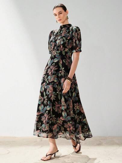 Aveloria Modichic Elegant Women's Chiffon Dress With Pleated Bust Design, Princess Sleeves, Waist Cinching, Flared Skirt, Minimalist Versatile Office/Casual Wear