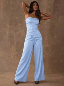 SHEIN BAE Women's Fashion Solid Color Tube Top & Asymmetrical Hem Pants 2 Pieces Set - Baby Blue - View 5