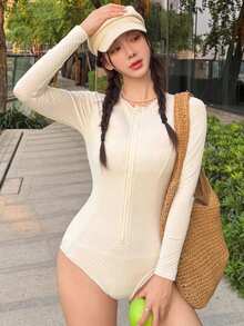 DAZY 女士圆领长袖泳衣，白色，性感显瘦纹理面料设计，修身沙滩潜水服 - 白色 - 查看 2