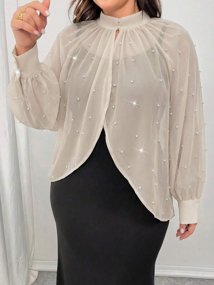 Elenzga Áo kiểu dài tay thanh lịch bằng chiffon đính ngọc trai dành cho nữ cỡ lớn - Màu be - Xem 1