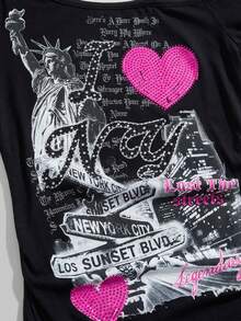 ROMWE Avant Women's Y2K Retro Streetwear Sexy Slogan Rhinestone Print Cropped T-Shirt - Black - View 4