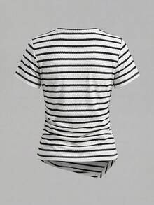 Tween Girl Striped Metallic Decor Casual Versatile Daily Wear T-Shirt - Black and White - View 5