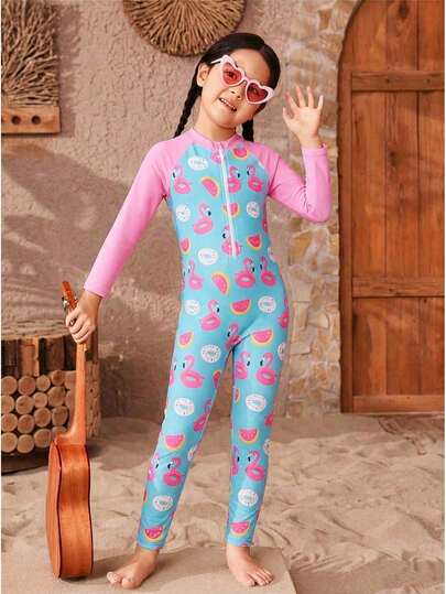 Sparklyn Bộ đồ bơi liền thân cho bé gái, kiểu dáng thể thao và dễ thương với họa tiết chim hồng hạc và phao bơi, thích hợp cho kỳ nghỉ hè và đi biển.