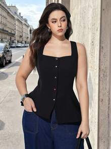 Maija 加大码方领金属装饰荷叶边下摆上衣，浪漫优雅百搭，商务休闲日常皆宜。 - 黑色 - 查看 7